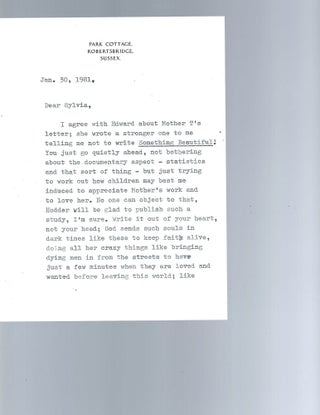 Item #15215 Letter Between Two Followers of Mother Teresa, Who Praise Her Value on Human Life....