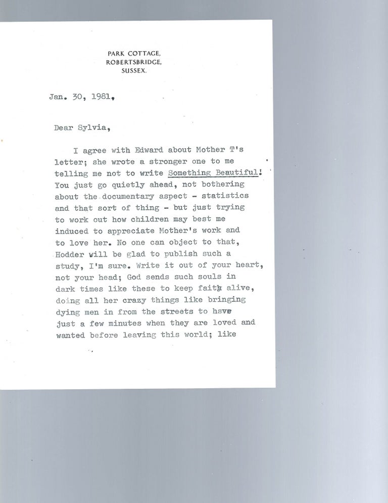Item #15215 Letter Between Two Followers of Mother Teresa, Who Praise Her Value on Human Life. Mother Teresa.