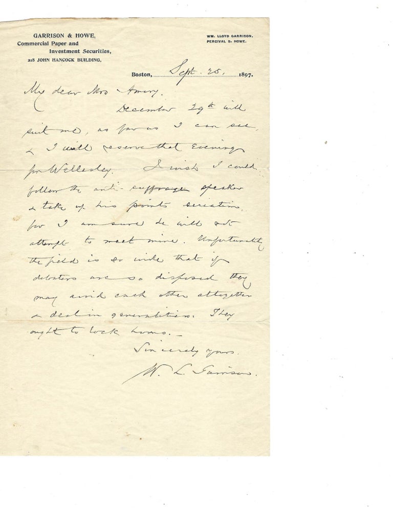 Item #15304 William Lloyd Garrison, Jr. Writes about Combatting Anti-Suffrage Arguments in his Speech at Wellesley. William Lloyd Garrison Jr.