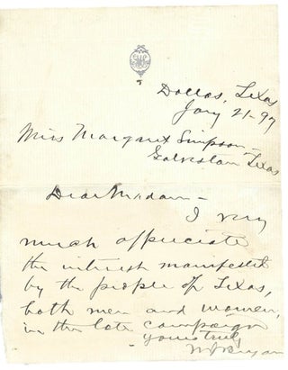 William Jennings Bryan Autograph Letter Signed acknowledging women's role in Politics. William Jennings Bryan.