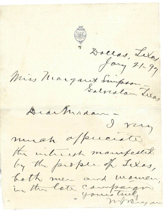 Item #15337 William Jennings Bryan Autograph Letter Signed acknowledging women's role in Politics. William Jennings Bryan.