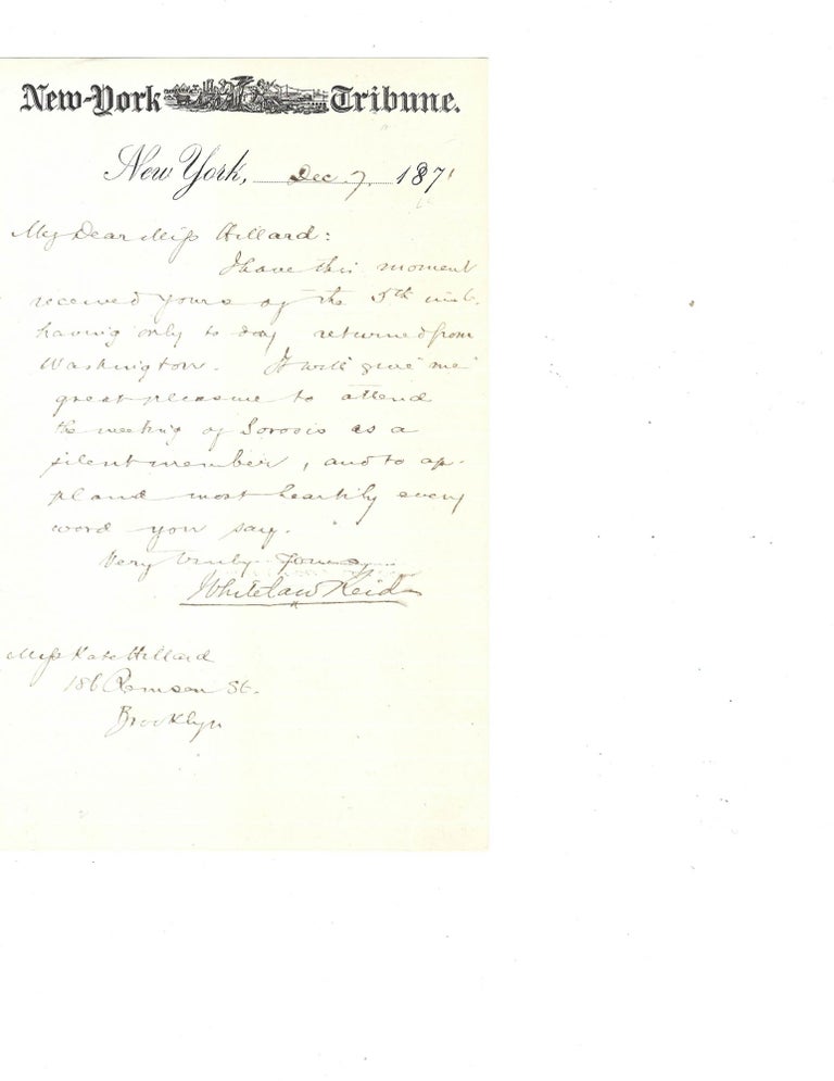 Item #15338 Letter from an early ally of A Politician Agrees to Cover a Women's Suffrage Meeting: "It will give me great pleasure to attend the meeting…and to applaud most heartily every word you say" woman Woman Suffrage.