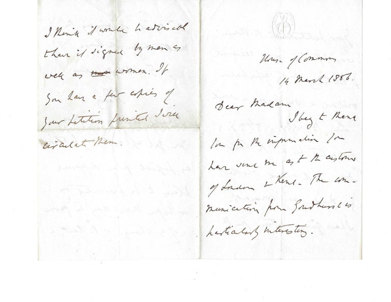 Item #15346 Early 1856 Pair of Letters Gathering Legal Support for the UK Married Woman's Property Act. Women Property Rights, Sir Thomas Erskine Perry.