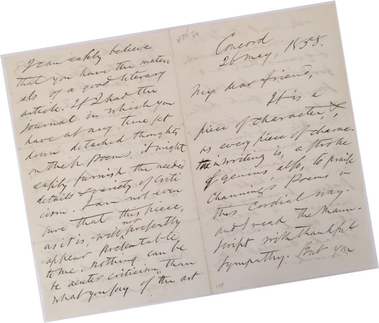 Item #15364 Exceptional Literary Letter by Ralph Waldo Emerson to a Female Literary Critic Regarding the Atlantic Monthly and Transcendentalist Co-Founder Channing. Ralph Waldo Emerson.