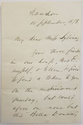 Item #15477 Ralph Waldo Emerson Sends Warm Letter and Gift to a Friend, Days Before She Marries...