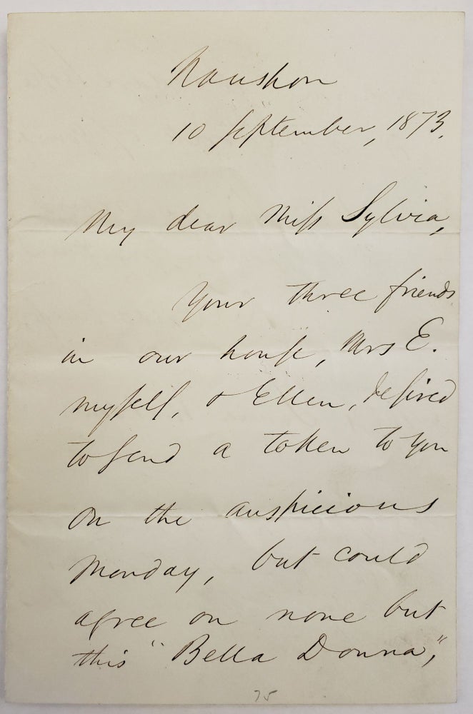 Item #15477 Ralph Waldo Emerson Sends Warm Letter and Gift to a Friend, Days Before She Marries Into His Family, 1873. Ralph Waldo Emerson.