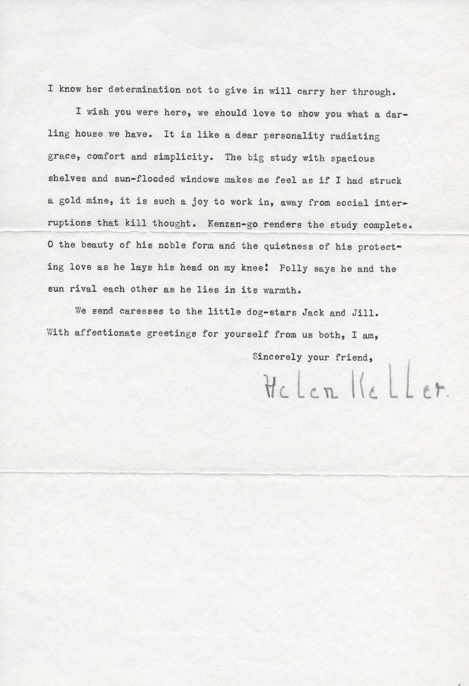 Item #15482 Helen Keller Typed Letter Signed, on her Busy Lecturing Schedule, Her New Home and Love of Dogs. Helen Keller.