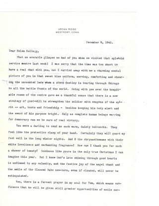 Item #15483 Helen Keller Letter Signed: "Only as complete human beings warring for democracy can...