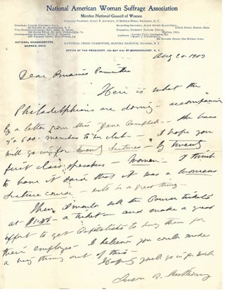 Item #15486 Susan B. Anthony Writes About a “Women’s Lecture Course” By Women, to Promote...