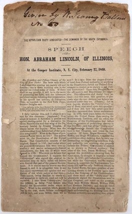 Item #15859 Lincoln's Famous Cooper Union Speech from 1860, stating slavery "as an evil, not to...