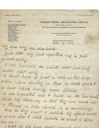 Item #15871 George Washington Carver Letter Regarding his Lecture Tour. George Washington Carver