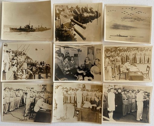 Item #15915 Archive of 9 Original Photos of the Japanese Surrendering, with MacAuthur and Nimitz. Photo Archive Japanese Surrendering.