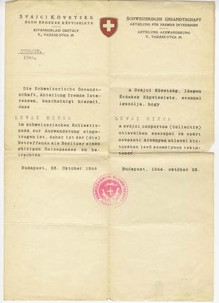 Item #15919 Rare Wallenberg Swiss Embassy Protective Document, Saving a Jewish Man from the...