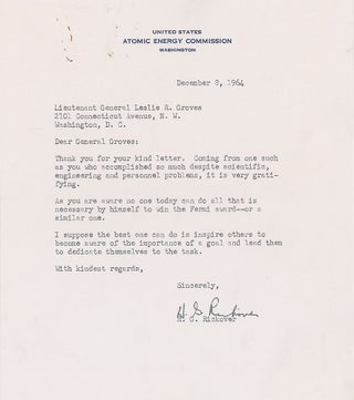 Rickover writes to Groves on Atomic Energy Commission Letterhead. Hyman Rickover.