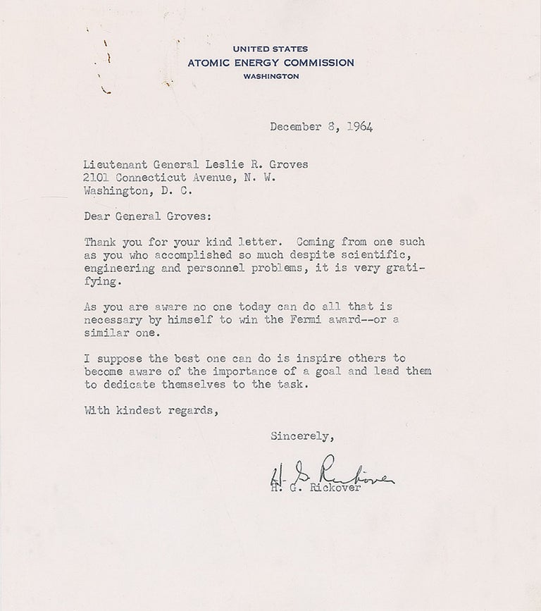 Item #15924 Rickover writes to Groves on Atomic Energy Commission Letterhead. Hyman Rickover.