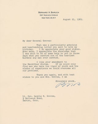 Item #15925 Baruch writes to Letter to Lt. Gen. Leslie R. Groves, who oversaw the Manhattan...