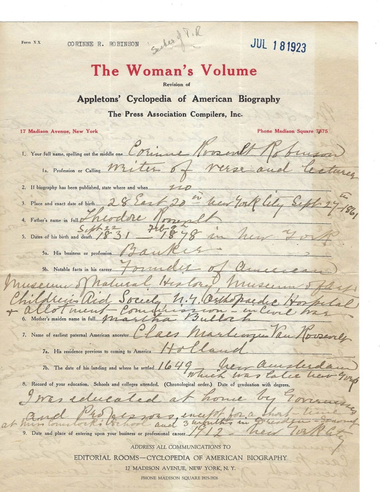 Item #15964 "The Woman's Volume," Application by Corinne Roosevelt to be included in one the first American women's encyclopedias. The Woman's Volume Suffrage Letters.