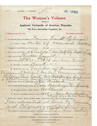 "The Woman's Volume," Application by Corinne Roosevelt to be included in one the first American women's encyclopedias
