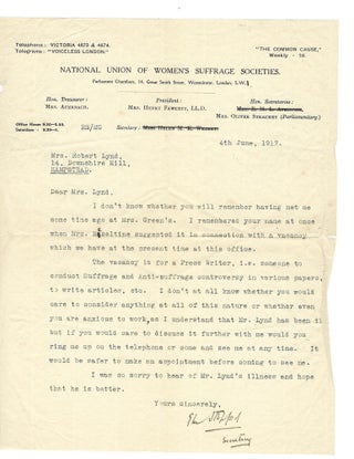 Item #15966 National Union of Women Suffrage Decides How to Respond to Anti-Suffragists. letter...