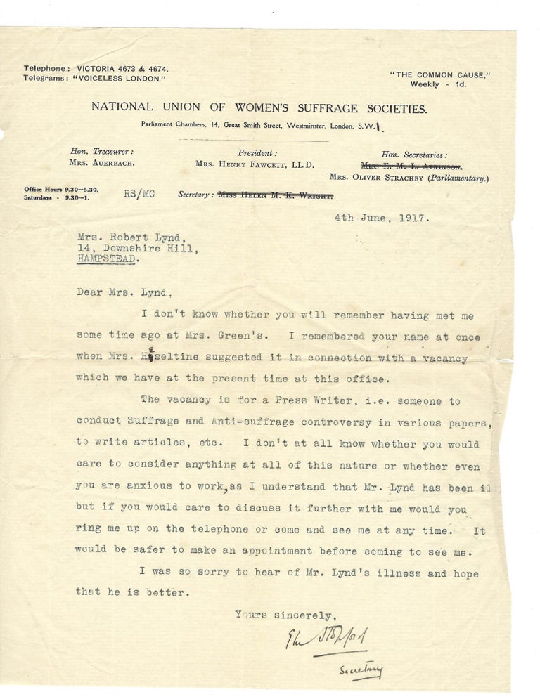 Item #15966 National Union of Women Suffrage Decides How to Respond to Anti-Suffragists. letter Women Suffrage Campaigns.