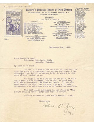 Item #15969 1915 Women's Political Union of New Jersey letter on "a campaign tour across the...