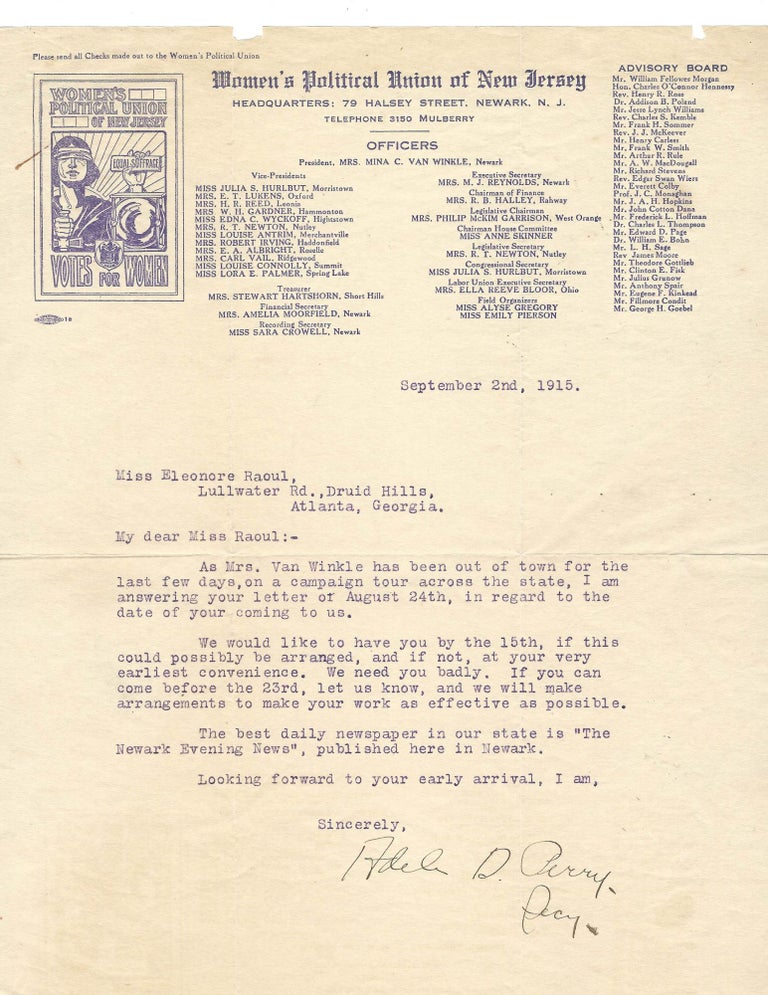 Item #15969 1915 Women's Political Union of New Jersey letter on "a campaign tour across the state" Campaigns Women Suffrage.