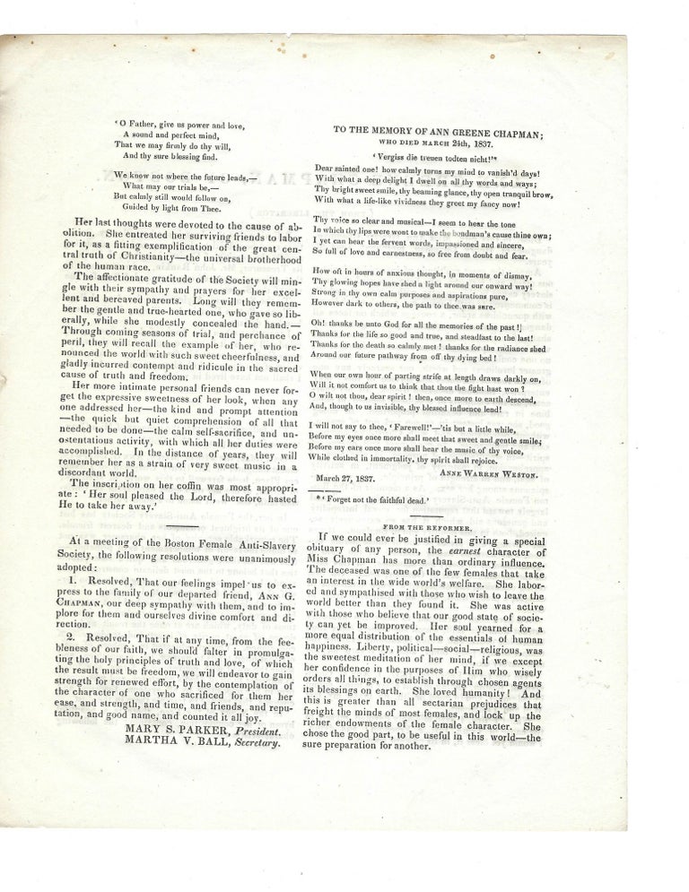 Item #15982 Broadside: Tribute to an Abolitionist, Dead at 35. From Garrison's "The Liberator" abolitionist Feminist, Lydia Maria CHILD.