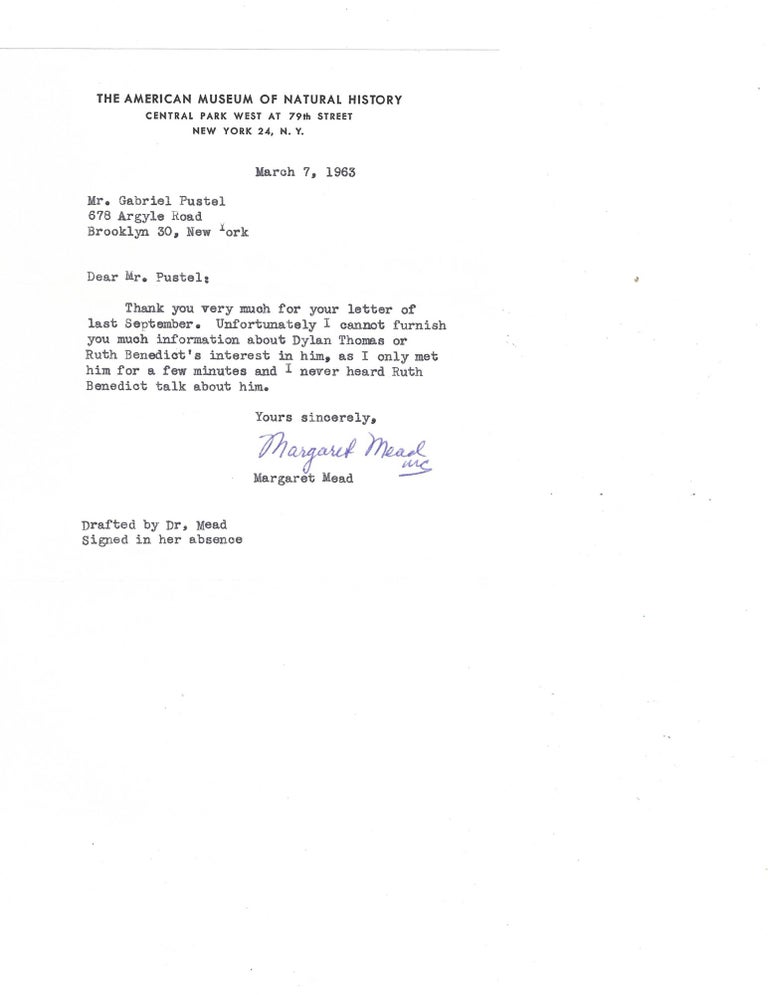 Item #16005 Margaret Mead writes 2 Letters on Dylan Thomas. Margaret Mead.