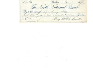 Item #16016 Autograph Endorsement of Lucy Stone on Check Illustrating Economic and Ideological...