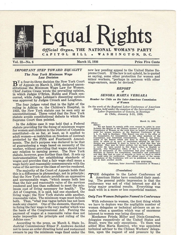 Item #16025 Equal Rights Newsletter, Featuring Overturn of the Minimum Wage Law for Women. Equal Rights, Newsletter.