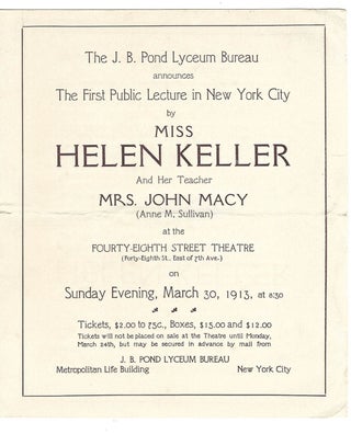Item #16030 Program for Helen Keller and Anne Sullivan’s First New York Public Lecture- Only...