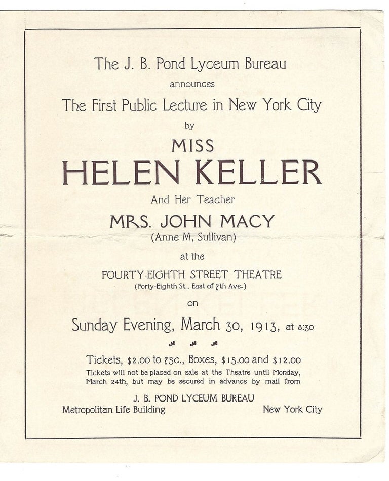 Item #16030 Program for Helen Keller and Anne Sullivan’s First New York Public Lecture- Only Known Copy as per OCLC. Helen Keller.