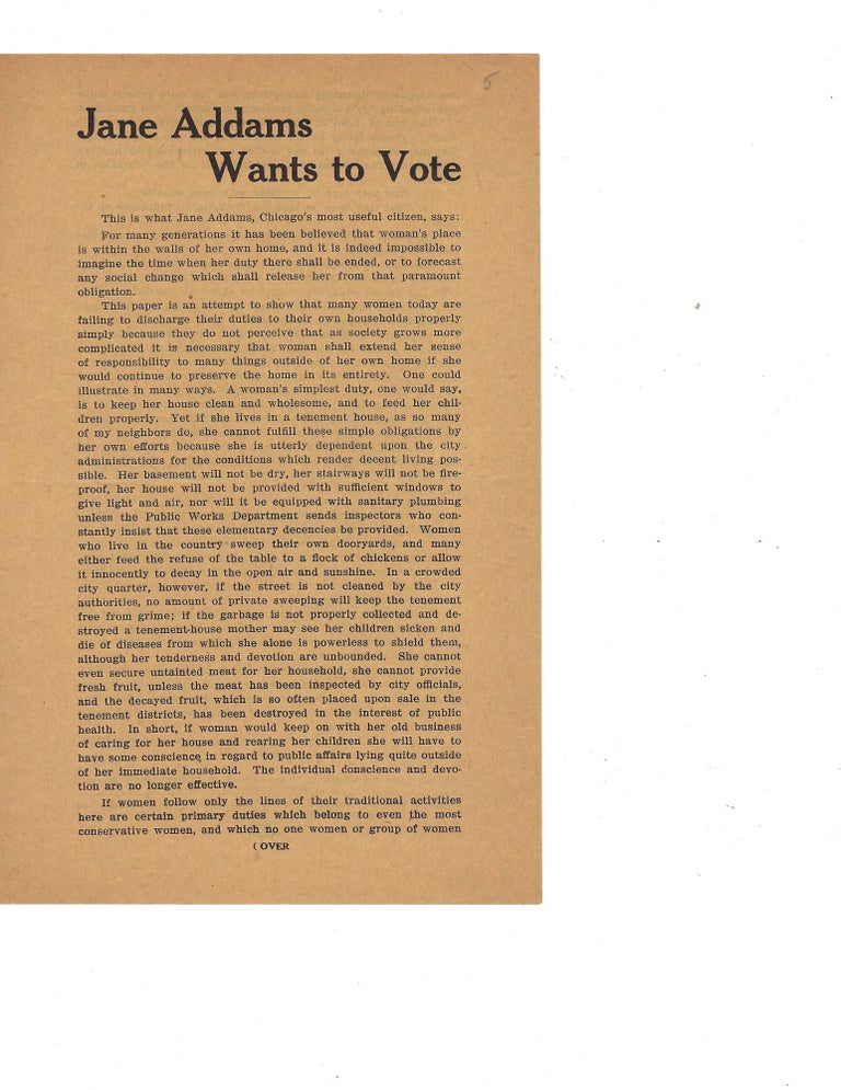 Item #16031 1911 Handbill “Jane Addams Wants To Vote”. Jane Addams, Suffrage Pamphlets US.