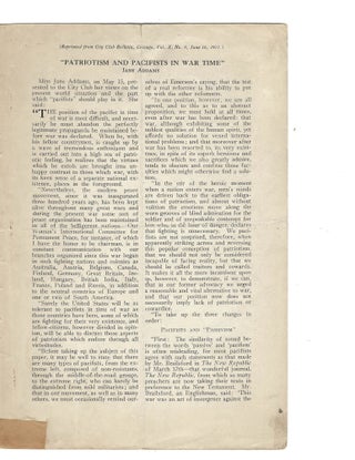 Item #16070 Jane Addams Speech on the Important Role of Pacifism in Patriotism, 1917. Jane Addams