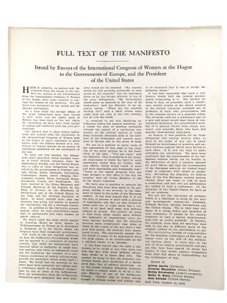 Item #16071 Manifesto by 2 Nobel Peace Prize Winners, Jane Addams and Emily Balch. Jane Addams
