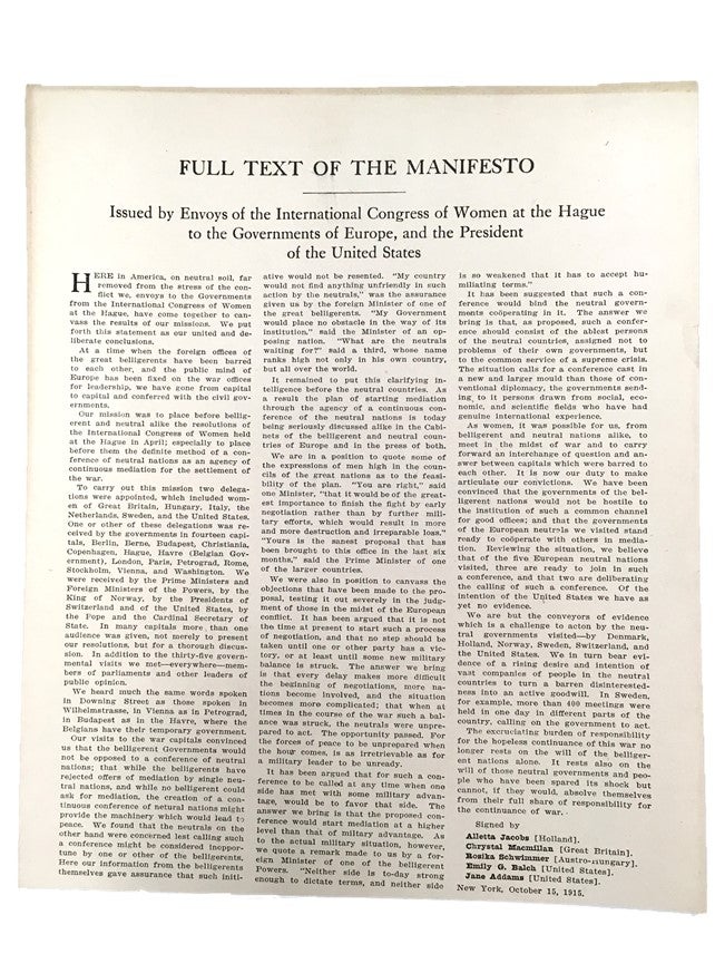 Item #16071 Manifesto by 2 Nobel Peace Prize Winners, Jane Addams and Emily Balch. Jane Addams.
