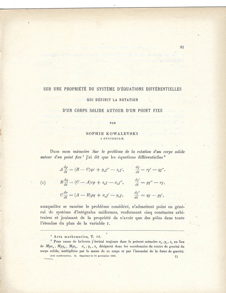 Item #16072 The First Female Mathematician Full Professor in Europe, Sophie Kowalevski, 1890 Mathematical Paper on "Differential Equations" Sophie Kowalevski.
