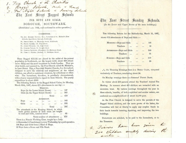 Item #16085 Rare Handbill With Annotations from its Director The Lant Street Ragged School, Serving "The Poorest Population in Southwark" - Not in OCLC -. Early Women Education Ragged School.