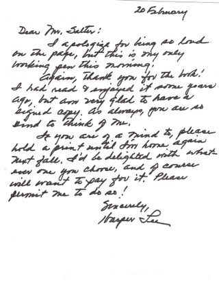 Item #16094 Harper Lee Autograph Letter signed to a Fellow Author. Harper Lee