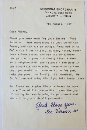 Item #16105 “Help the poor, the lonely, the unwanted,” Mother Teresa instructs in Signed...
