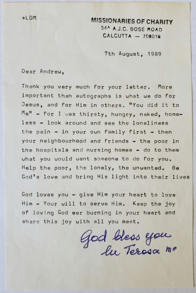 Item #16105 “Help the poor, the lonely, the unwanted,” Mother Teresa instructs in Signed Letter. Mother Teresa.