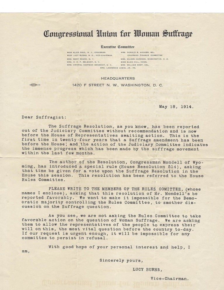 Item #16108 The Congressional Union for Women Suffrage Circular Letter 1914, Not in OCLC. Congressional Union Woman Suffrage.