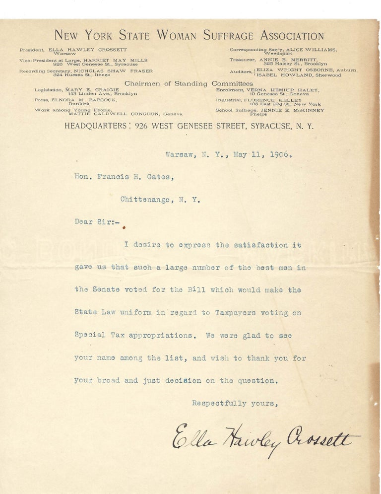 Item #16109 Signed Letter from Early New York Suffragist Ella Hawley Crossett. Ella Crossett Woman Suffrage.