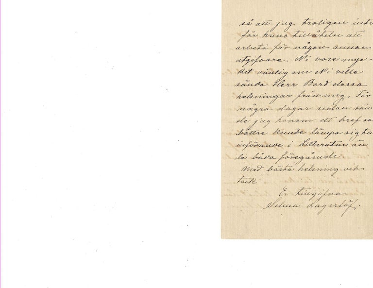 Item #16148 First Female Nobel Literature Winner Selma Lagerloff Autograph Letter Signed, 1904. Lagerloff Selma.