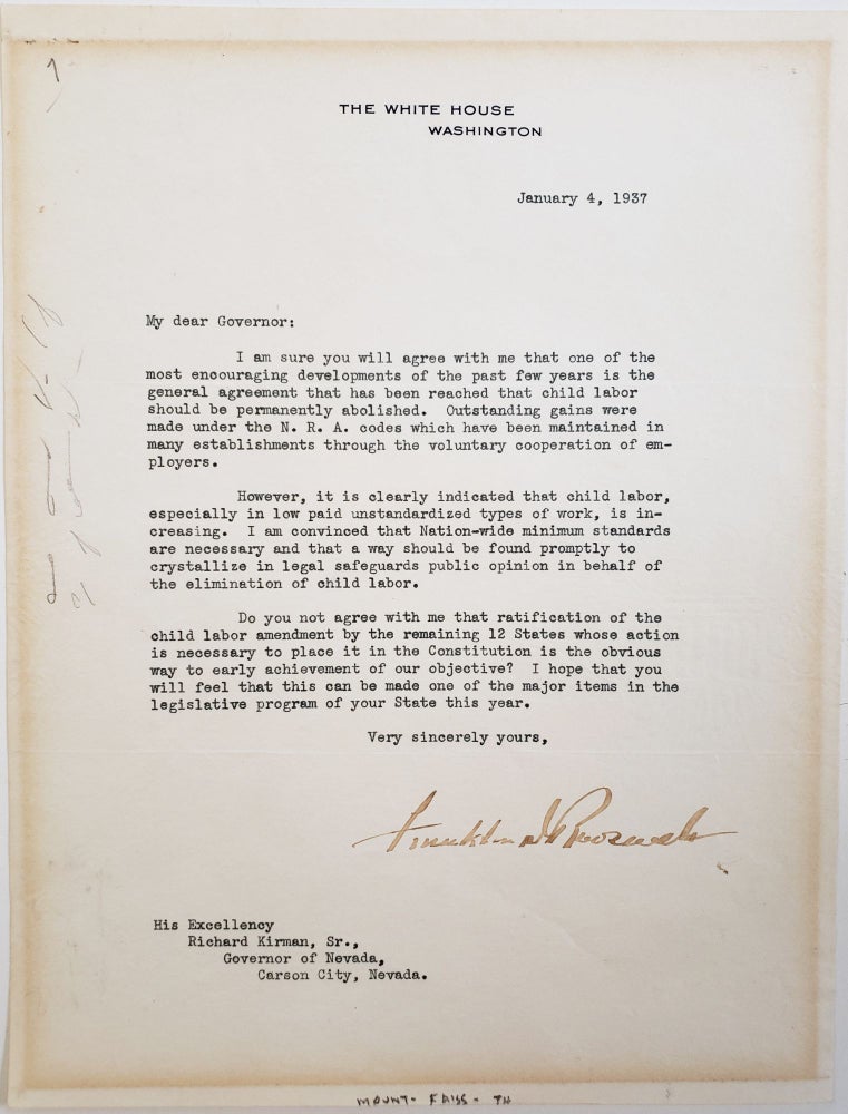 Item #16151 President Franklin D. Roosevelt TLS: Proud of the Progress Made Against Child Labor by the New Deal's National Recovery Administration. Franklin D. Roosevelt.