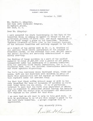 Item #16153 Roosevelt Heart-wrenching Letter Signed to Help Starving Children in Puerto Rico....