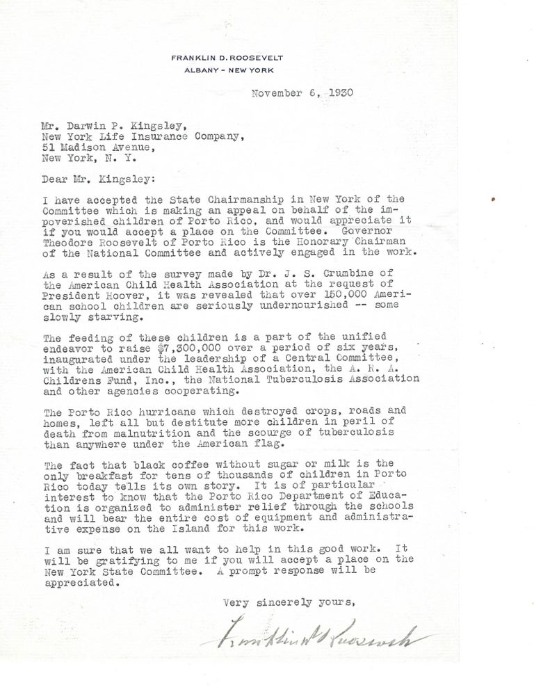 Item #16153 Roosevelt Heart-wrenching Letter Signed to Help Starving Children in Puerto Rico. Franklin D. Roosevelt.