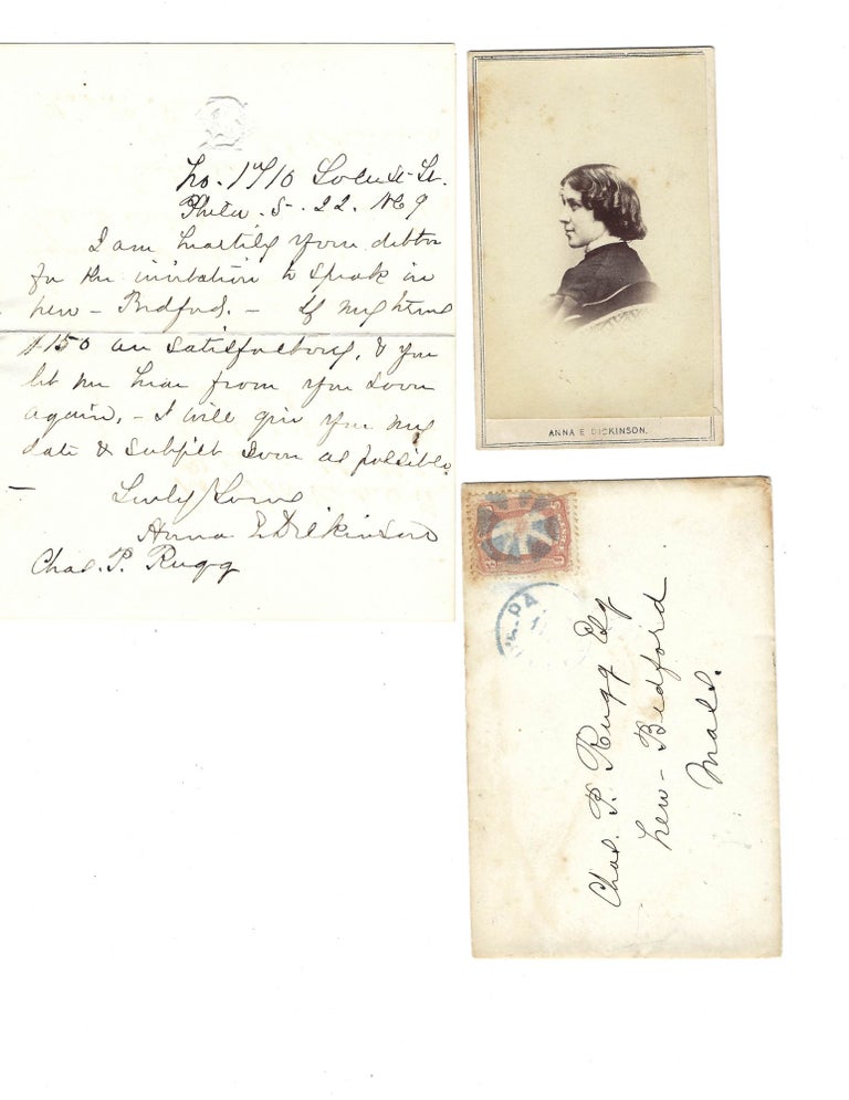 Item #16185 Early Suffragette and Abolitionist Anna Dickinson Accepts Invitation to Give a Lecture for the Cause in 1869. Anna Dickinson, Suffrage.