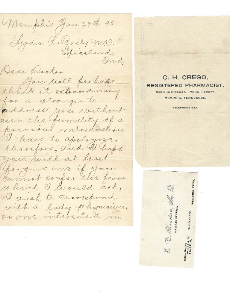 Item #16209 Letter to a Woman Doctor Inquiring About Marriage Prospects, 1895 "I wish to correspond with a lady physician ... my object is honorable, I will marry if I find one to suit me..." Women in Medicine, letter.