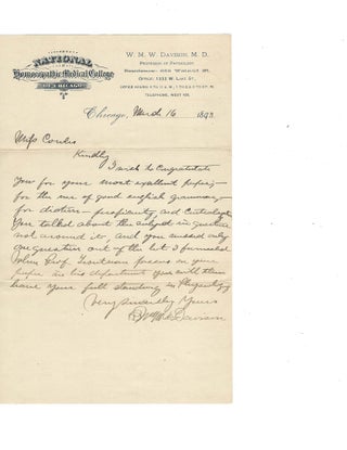 Item #16210 2 Letters Commending a Female Student About to Enter the Medical Field, 1890s. Women...